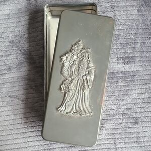 Vintage Metzke Christmas cookie 9.5" rectangle tin silver Santa w/lantern & bag